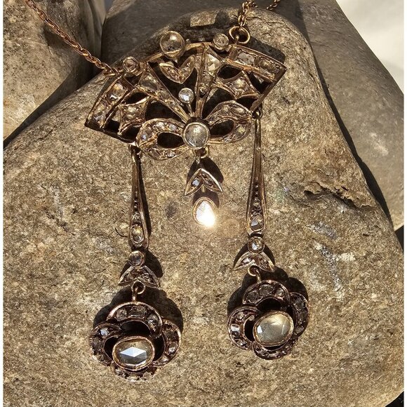 Antique Georgian 18k Yellow Gold Chandelier Rose Cut Diamond AMAZING Necklace - Picture 4 of 16